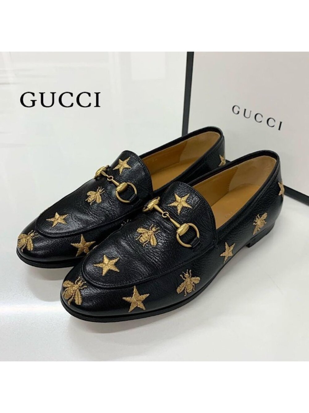 Gucci Horsebit 1955 Star Bee Embroidery Leather Loafers Black
